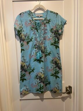Bella Tu woman’s medium Blue Floral Mini Dress with Tassel Tie cotton